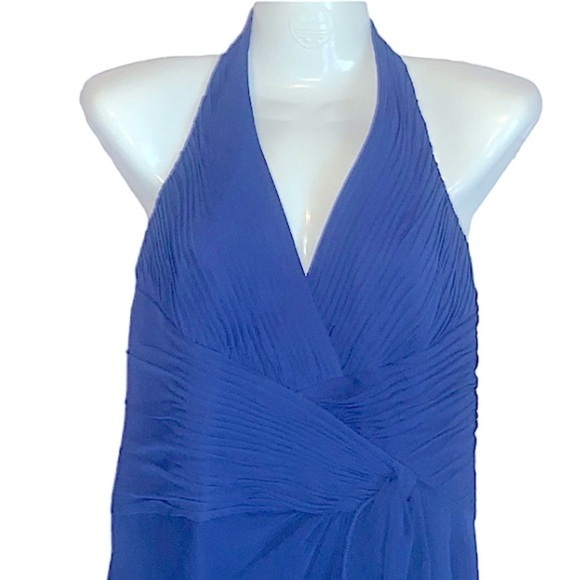 David’s Bridal Deep Blue Gown Size 8 Soft Crinkle Chiffon Halter Draped Cascade - Picture 3 of 13